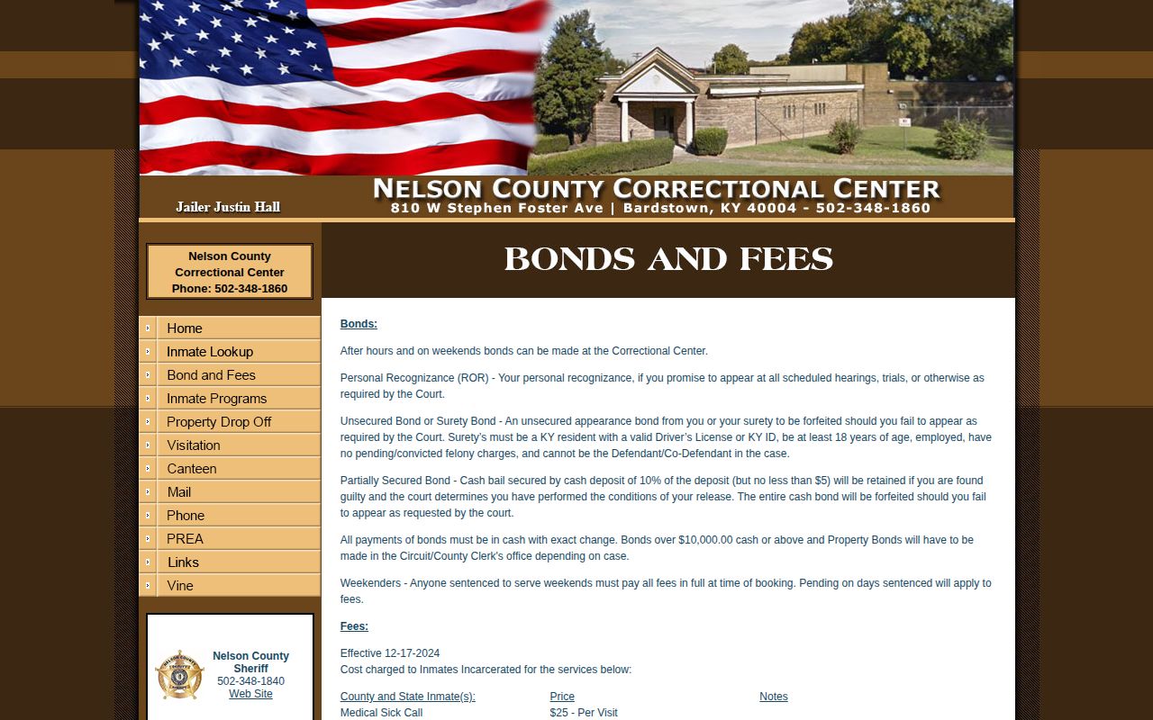 Nelson County Correctional Center bonds and fees information