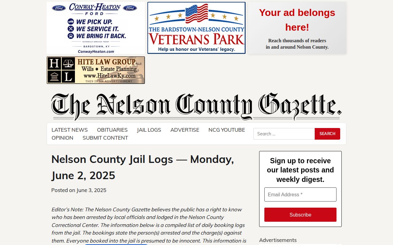 Nelson County Gazette dated jail log article source context