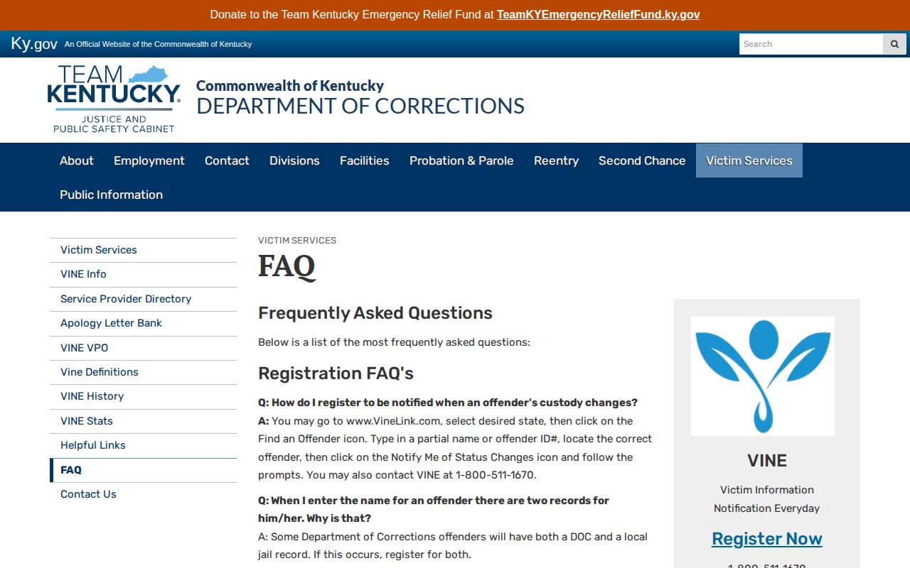 Kentucky Department of Corrections VINE search and registration guidance