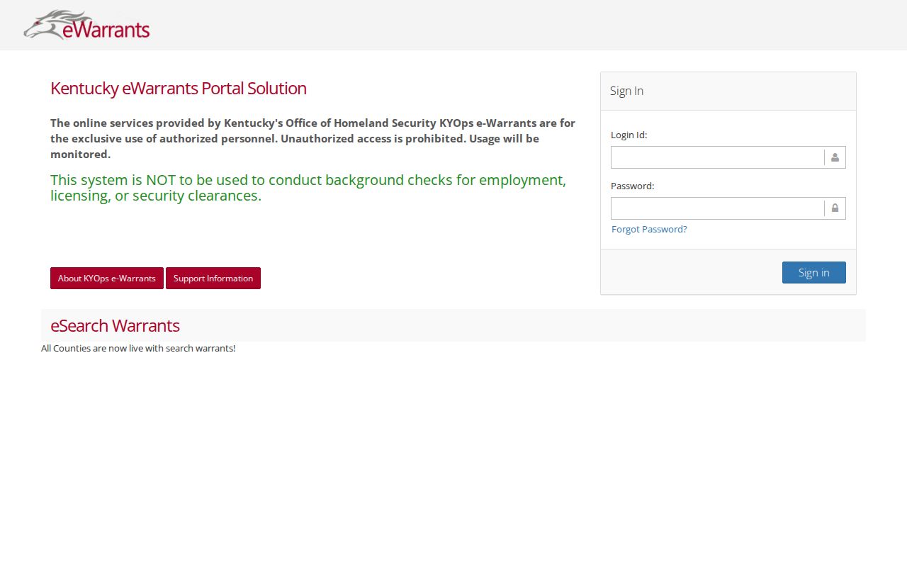 Kentucky eWarrants authorized access landing page